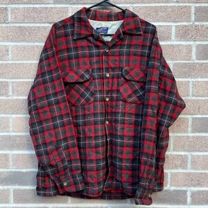 Vintage Pendleton Shirt Mens Large Red Black Plaid Wool Made USA 60s *Read